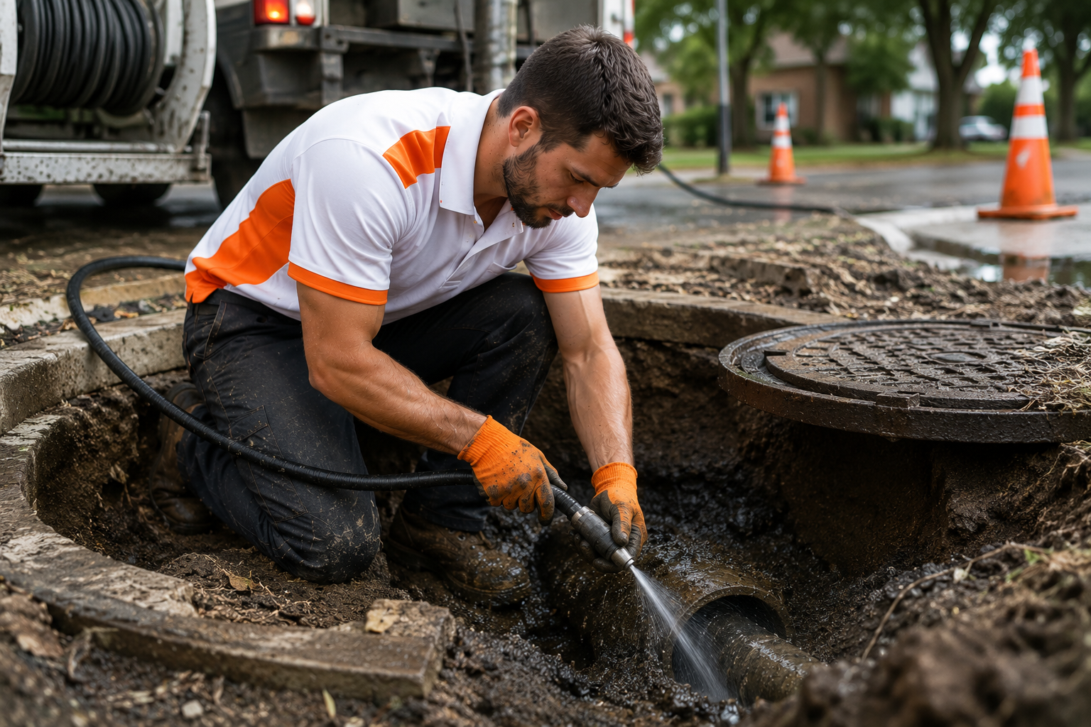 Cheetah technician hydro jetting a sewer cleanout in Orange County