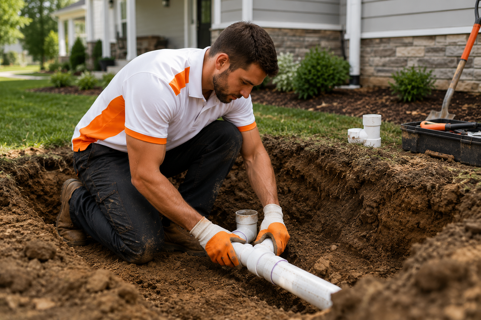 Cheetah plumber installing PVC sewer line in a residential trench