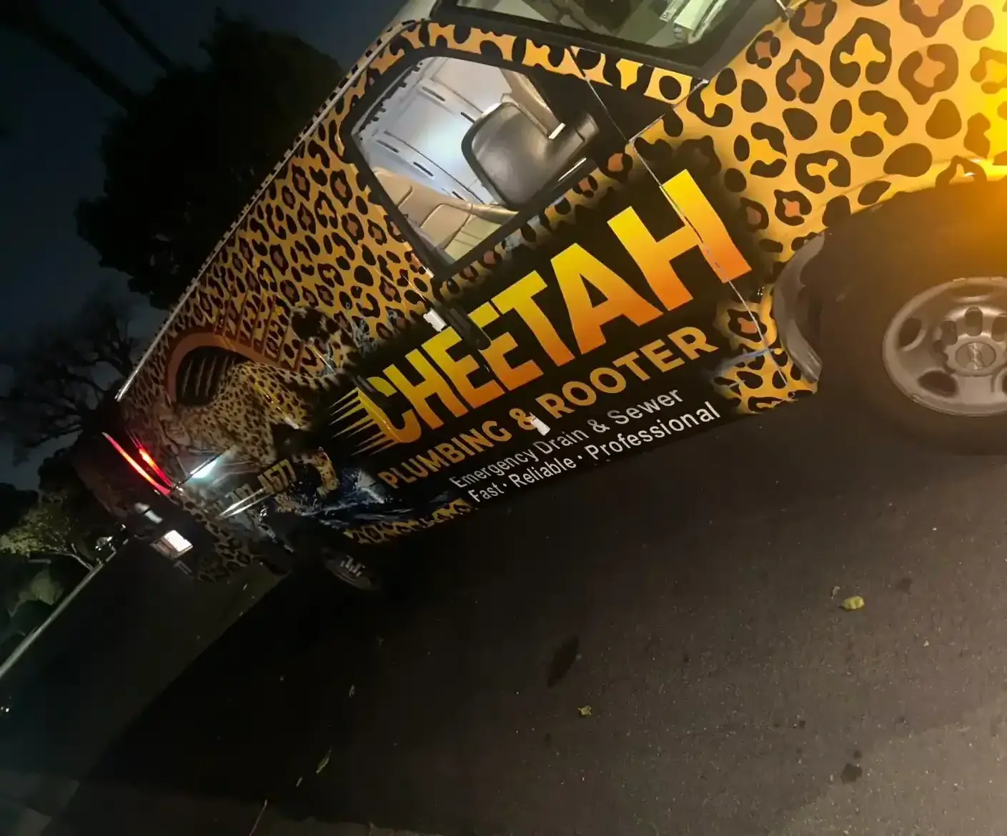 Cheetah Plumbing emergency van on a night call